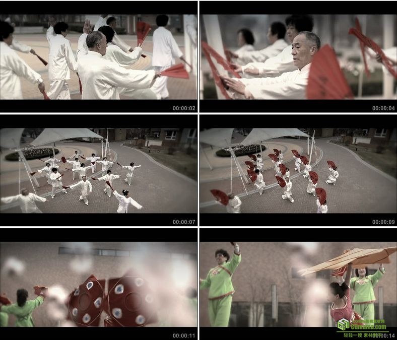 YC0159-小区里的老人锻炼身体太极扇二人转转手绢/中国高清实拍视频素材下载