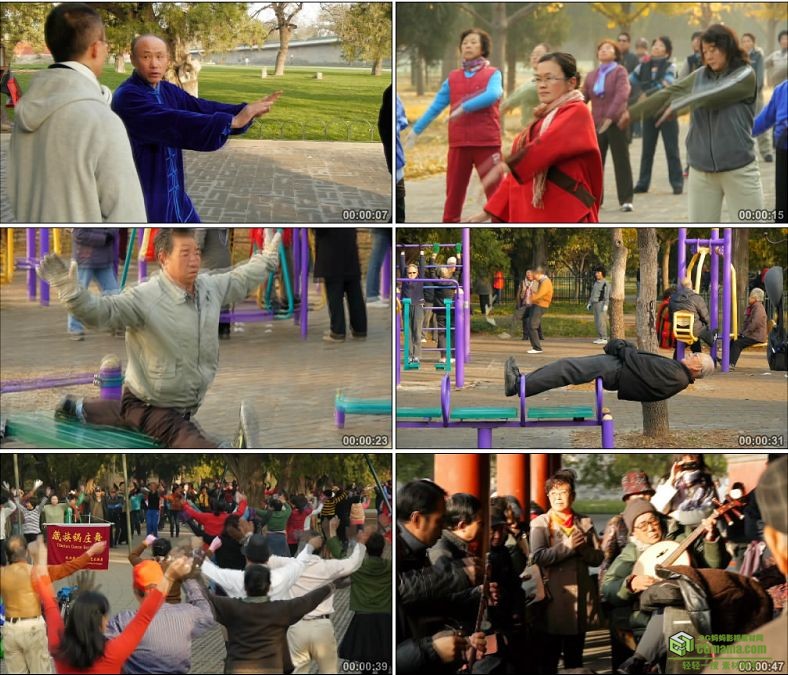 YC0213-中老年人健身健身设施打桥牌拉二胡跳广场舞中国高清实拍视频素材下载