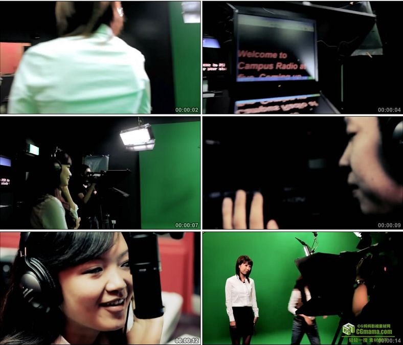 YC0376-摄影棚拍摄录音播音绿布绿屏抠像摄像主持中国高清实拍视频素材下载