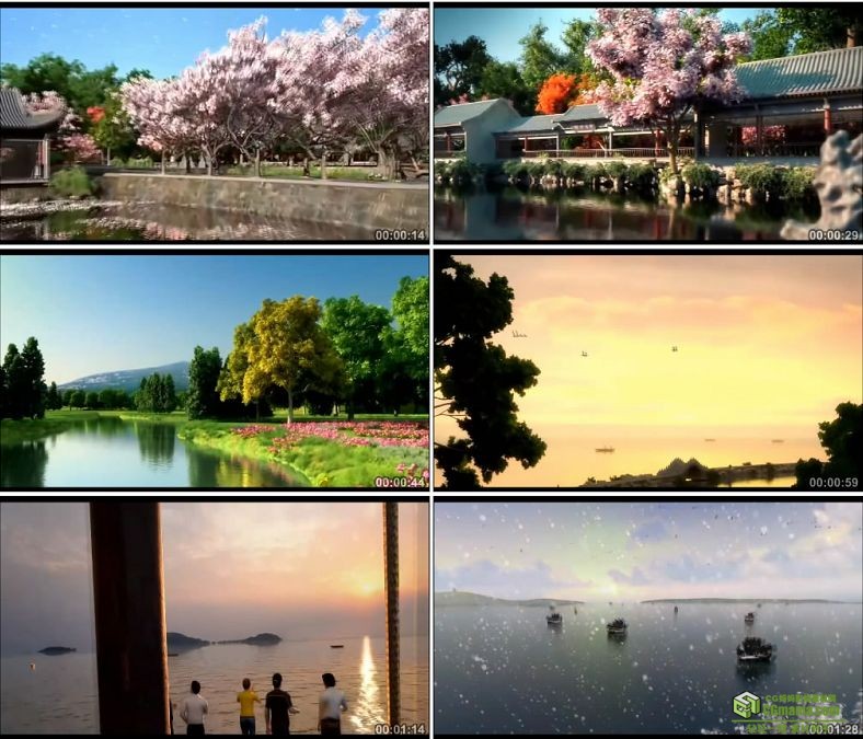 YC0427-桃花桃树湖水大船大雪荷花建筑动画高清视频素材下载