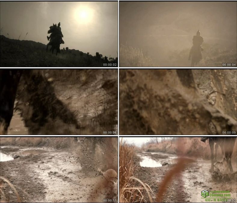 YC0448-古代骑兵奔跑马蹄溅起泥水中国高清实拍视频素材下载
