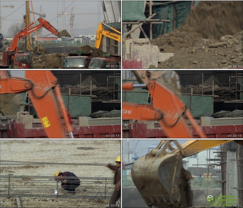 YC0565-挖土机建筑工地建设建筑工人钢筋中国高清实拍视频素材下载