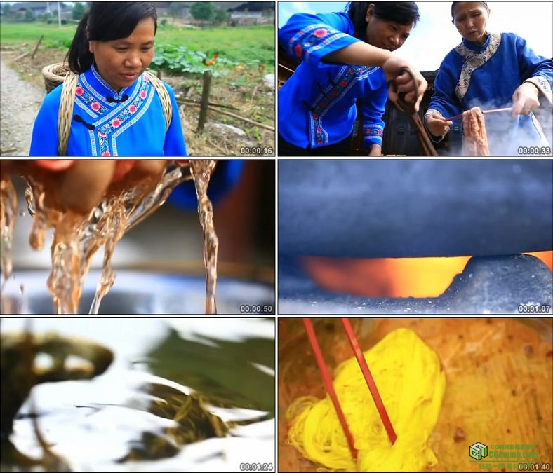 YC0586-少数民族劳作传统纺线和植物染线上色工艺纺织高清实拍视频素材下载