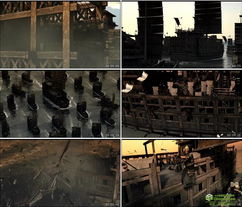 YC0712-中国古代战争攻城大船水战海战战斗万箭齐射战乱高清动画视频素材下载