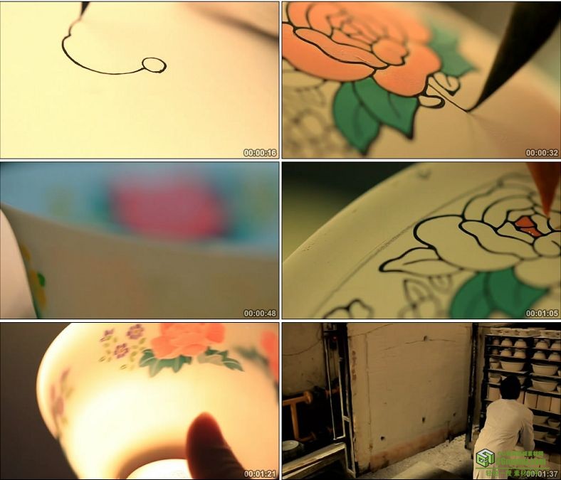YC0728-瓷器绘画上釉彩烧制摔瓷毛笔画画中国传统工艺高清实拍视频素材下载
