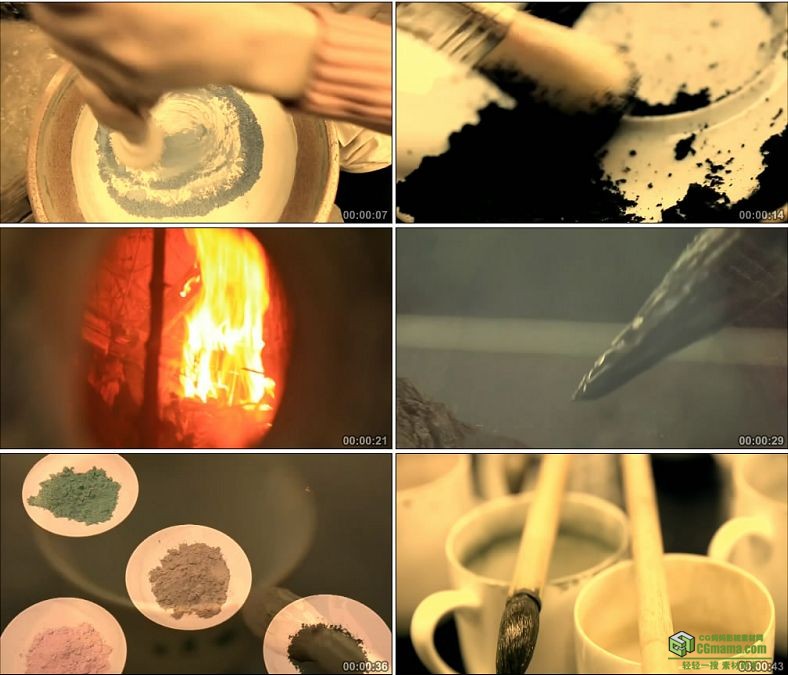 YC0730-瓷器天然矿物染料的制作颜料制作毛笔绘画中国高清实拍视频素材下载