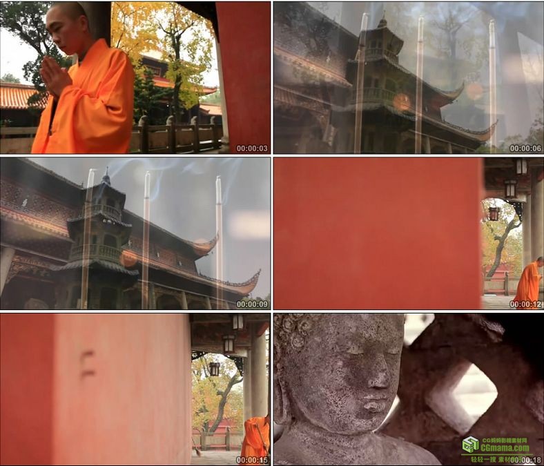 YC0734-佛教寺庙庭院和尚僧侣扫地烧香中国高清实拍视频素材下载