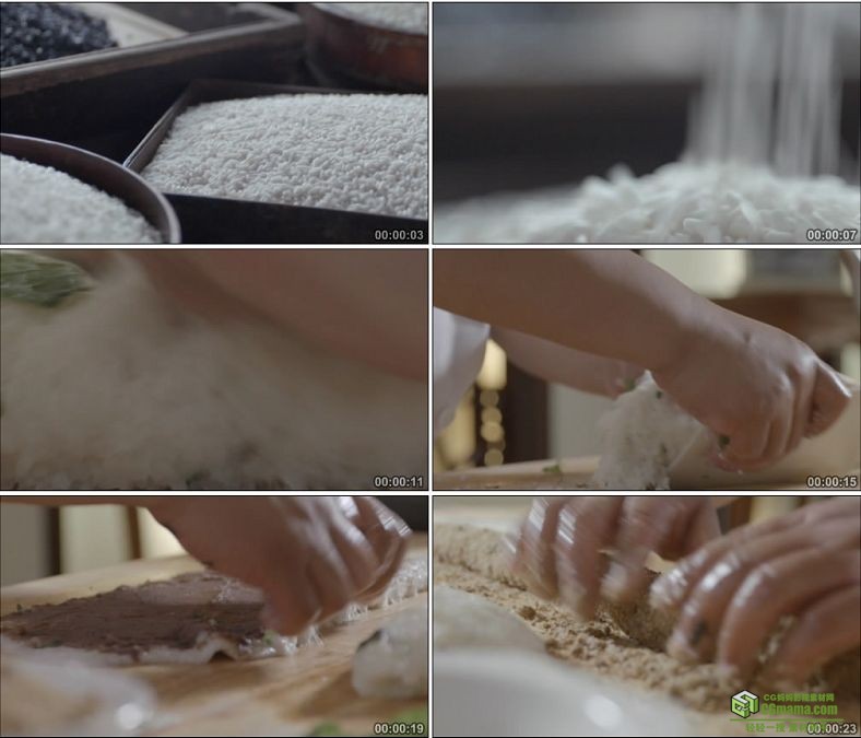 YC0857-麻薯糯米糍糕点甜点制作大米米粒特写中国美食高清实拍视频素材下载