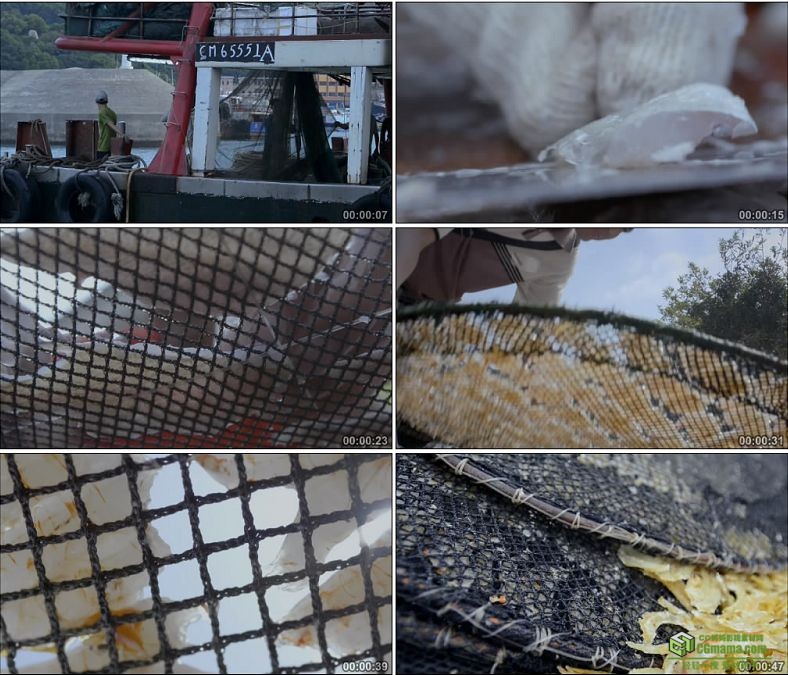 YC0889-小渔港渔民晒鱼干海产品渔网渔船出海高清实拍视频素材