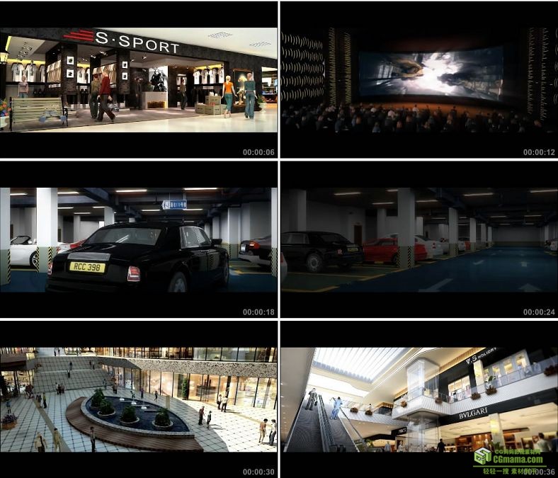 YC0917-大型商场超市建筑漫游动画一组地下停车场购物就餐休息高清实拍视频素材