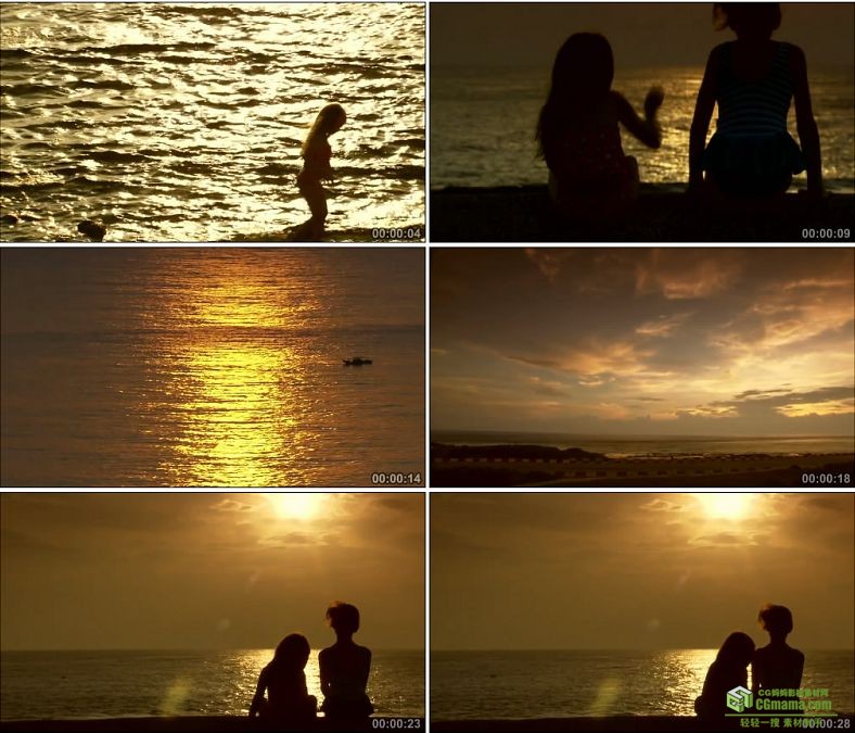 YC0990-两个小女孩在夕阳下的大海边玩耍波光粼粼的水面高清实拍视频素材