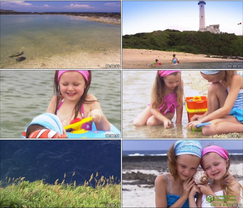YC0991-两个外国小女孩人物大海边玩耍听海螺高清实拍视频素材