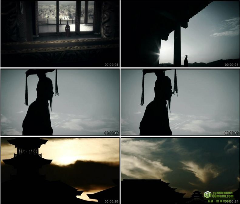 YC1039-中国古代皇帝逆光剪影汉朝皇上宫殿高清实拍视频素材