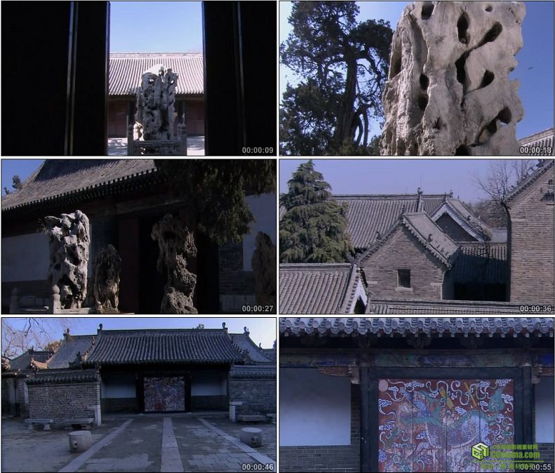 YC1043-府邸奇石和门上彩绘神兽中国园林假山孔庙建筑小高清实拍视频素材