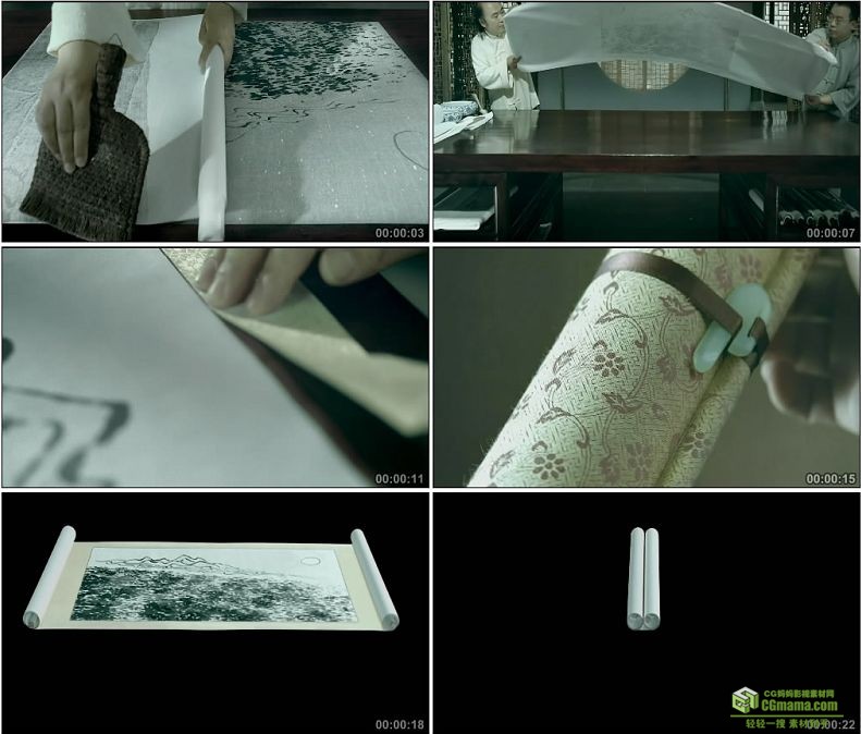 YC1084-中国国画裱画卷轴传统技艺工艺高清实拍视频素材