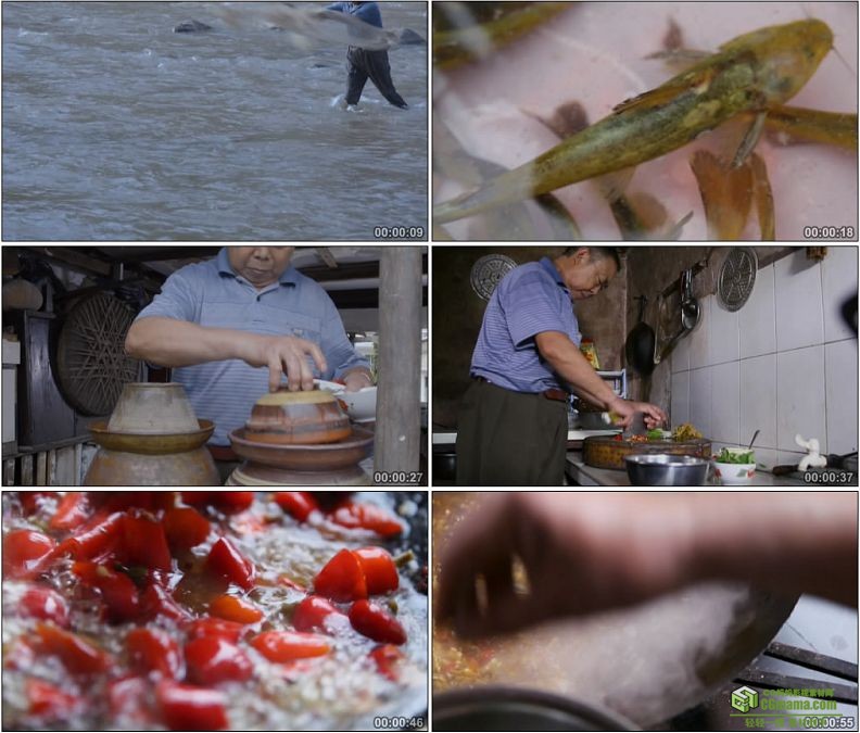 YC1165-河里捕鱼制作泡椒酸菜鱼美食高清实拍视频素材