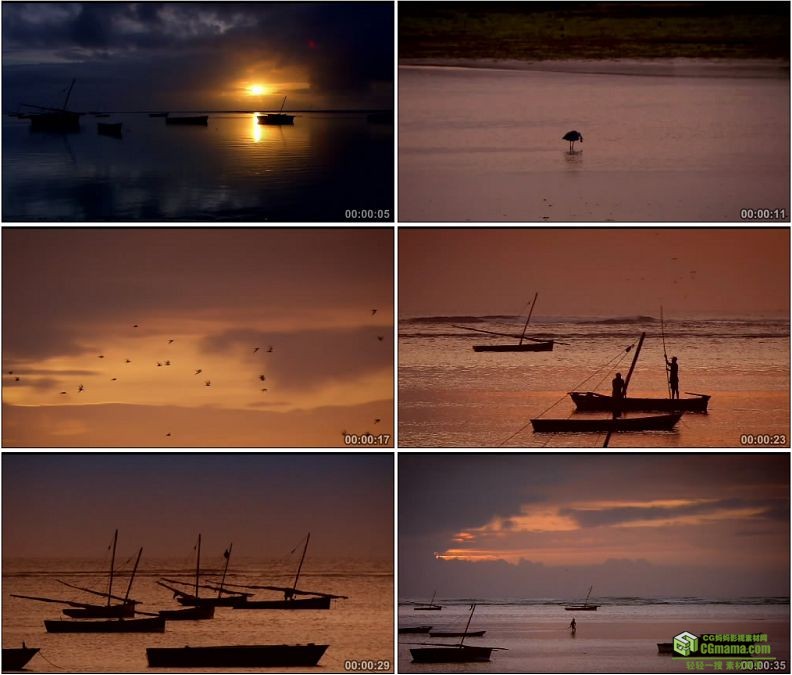 YC1294-夕阳西下夕阳下的海滩小船逆光剪影高清实拍视频素材