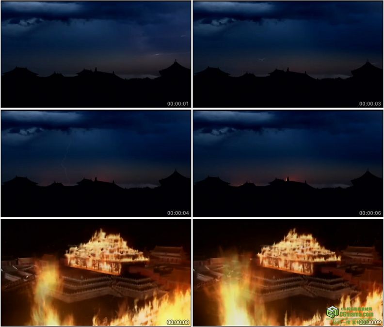 YC1314-电闪雷鸣燃烧的宫殿落败的王朝高清实拍视频素材