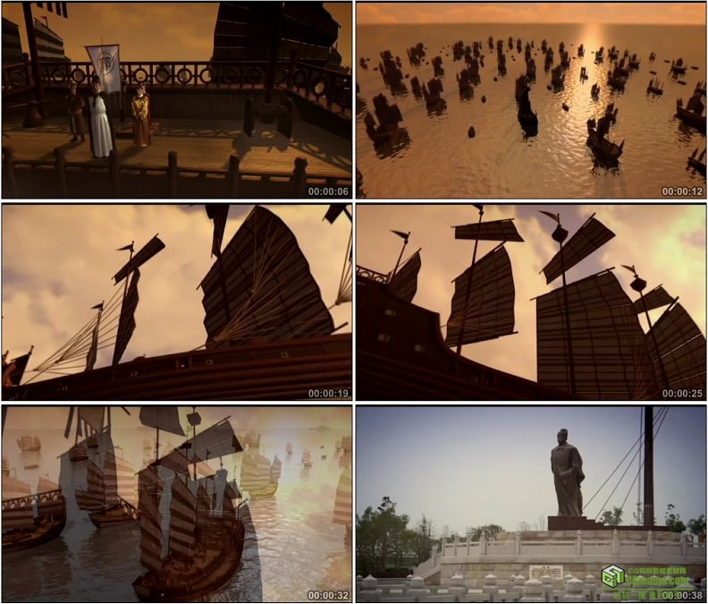 YC1315-郑和下西洋大船动画郑和雕像千帆高清实拍视频素材