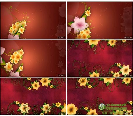 LED0562-红色背景春色繁花卷草动画高清视频背景素材