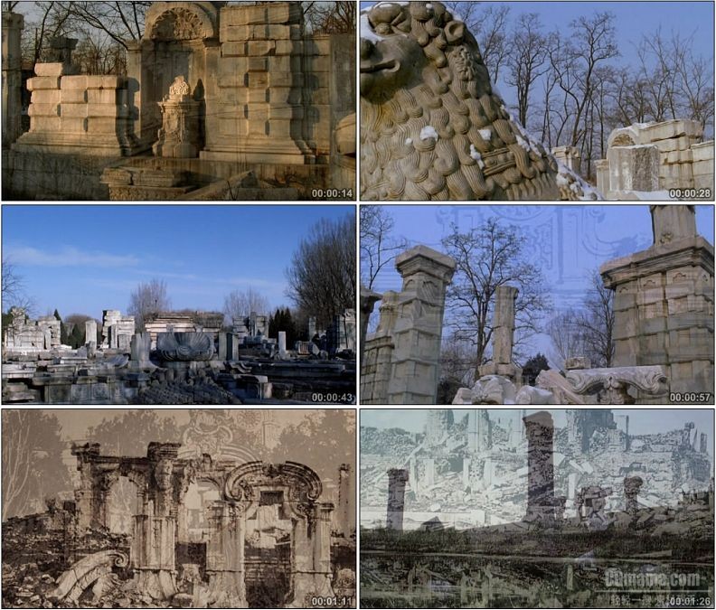 YC1506-历史印记圆明园毁坏遗址照片绘画历史资料高清实拍视频素材