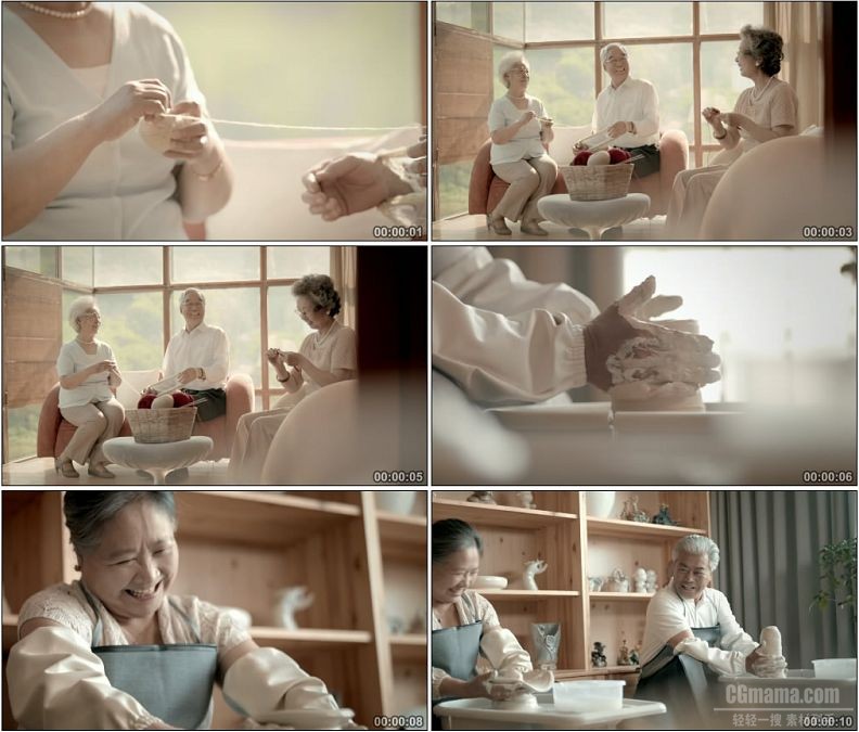 YC1617-老人织毛衣做泥塑幸福晚年生活高清实拍视频素材