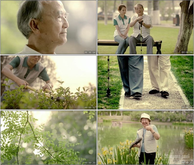 YC1622-老人老年人公园锻炼身体钓鱼散步跑步打太极浇花骑自行车高清实拍视频素材