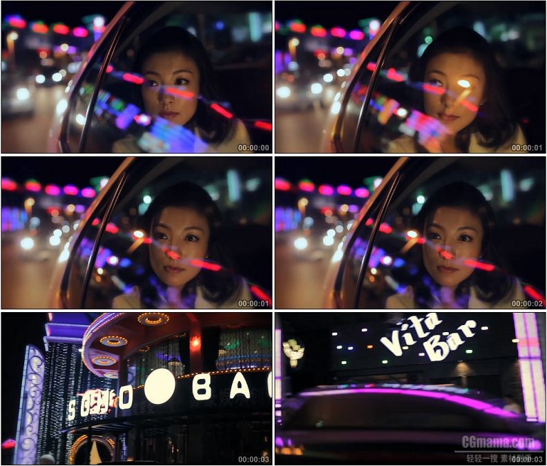YC1694-美女在车里看车窗外城市夜景高清实拍视频素材