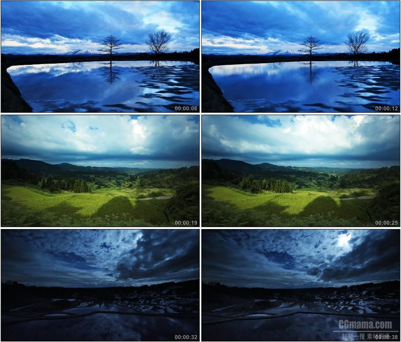 YC1769-蓝色水面树影梯田山谷美丽风景高清实拍视频素材