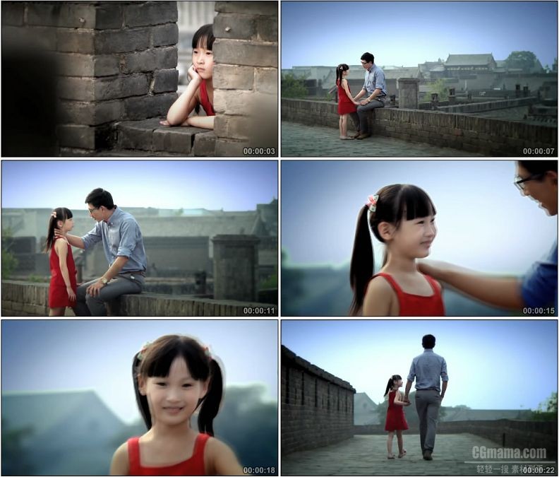 YC1818-小女孩抚摸古城墙父女情深背影高清实拍视频素材