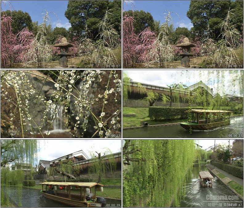 YC1987-日本成南宫繁花庭院绿柳游船小河水美丽景色高清实拍视频素材