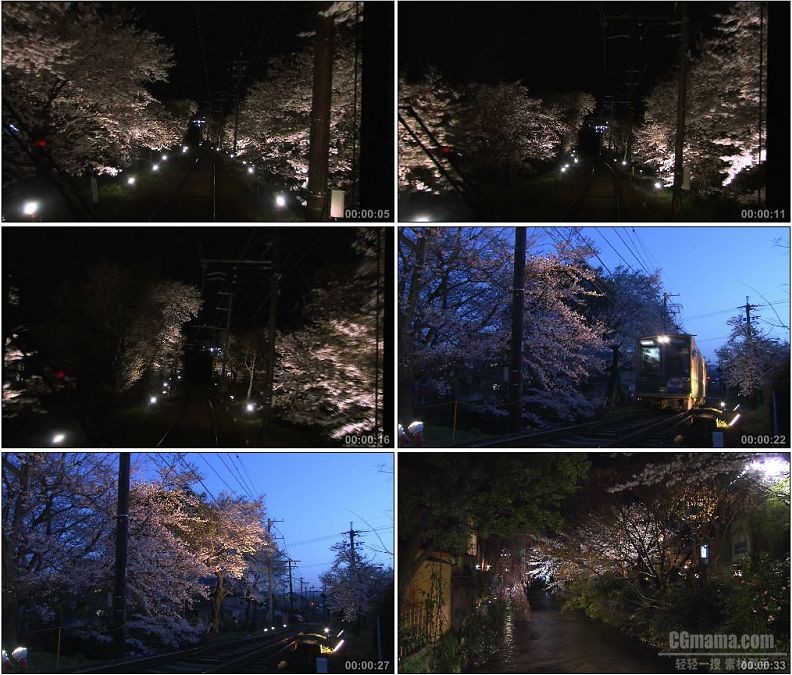 YC2012-夜晚樱花树火车穿过流水樱花美丽景色高清实拍视频素材