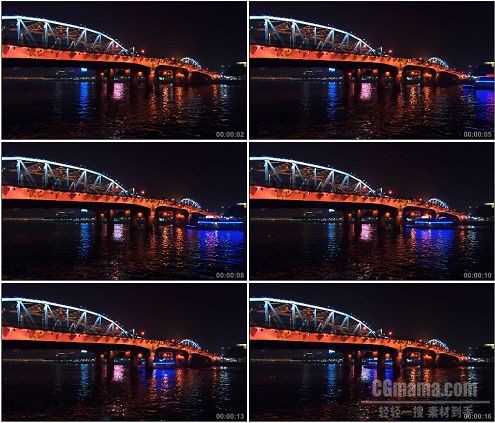 CG0038-亚洲城市高清铁桥水面轮渡灯光高清实拍视频素材