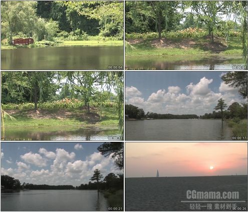 CG0266-平静的池塘湖泊柳枝飘动云层涌动沙滩落日高清实拍视频素材
