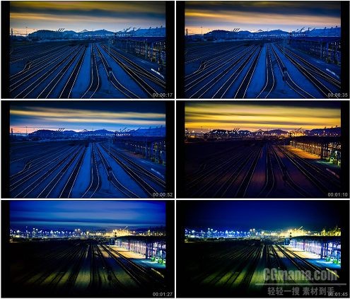 CG0273-铁路轨道夜晚灯火亮起高清实拍视频素材
