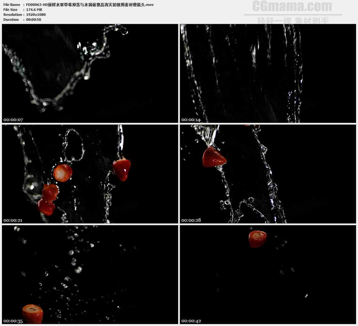 FD00063-新鲜水果草莓掉落与水滴碰撞高清实拍视频素材慢镜头