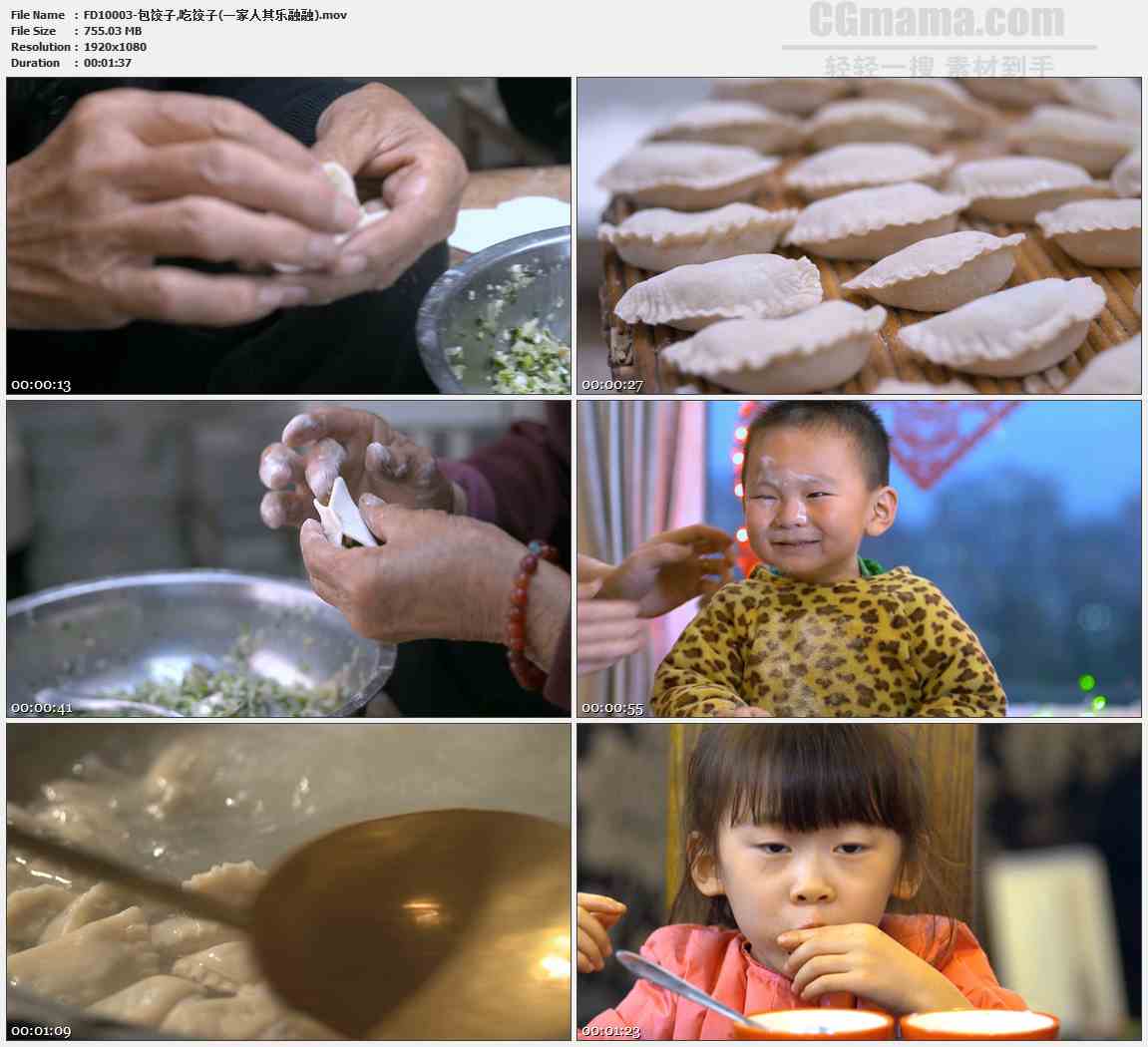 FD10003-一家人其乐融融剁肉馅摘韭菜包饺子煮饺子吃饺子高清实拍视频素材