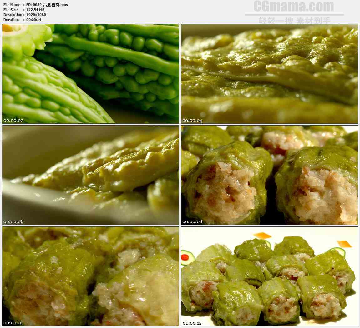 FD10039-苦瓜糯米包肉特色美食蔬菜苦瓜高清实拍视频素材