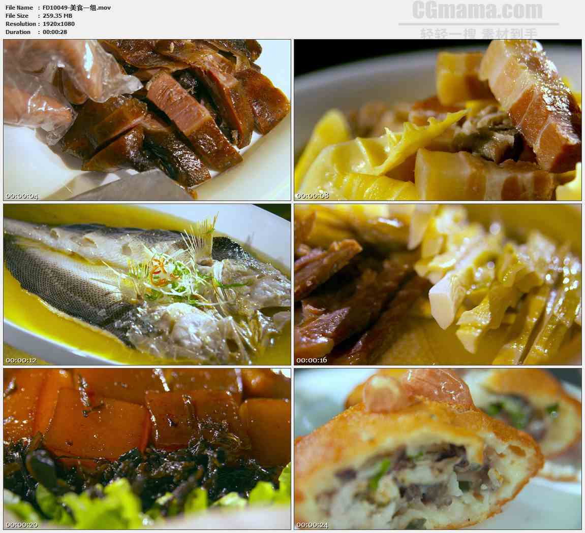 FD10049-北京烤鸭竹笋烧肉清蒸鲈鱼红烧肉炸丸子年糕肉盒美食美味高清实拍视频素材