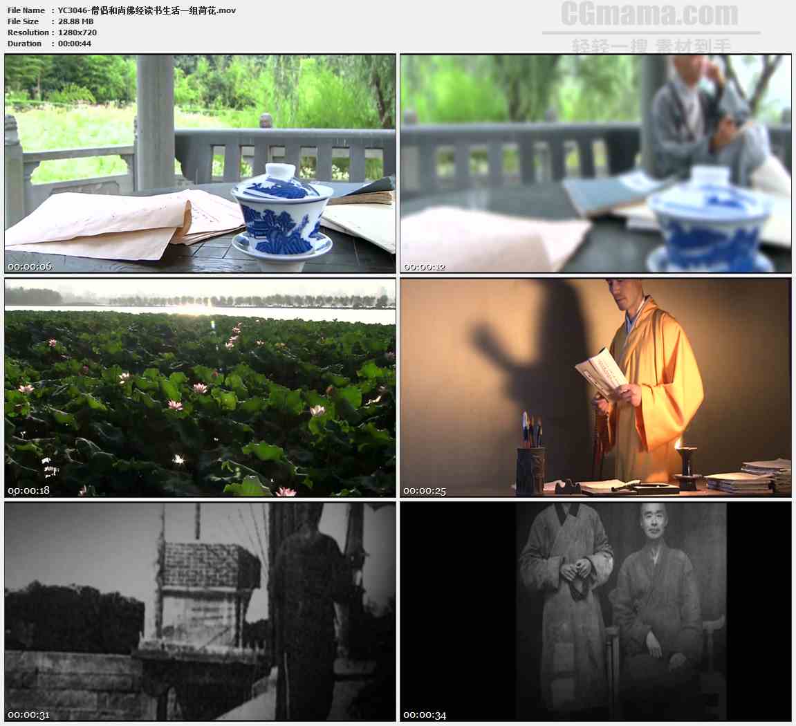 YC3046-僧侣和尚佛经读书生活一组荷花高清实拍视频素材