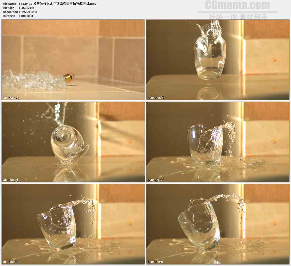 CG0425-掉落的灯泡水杯破碎高清实拍视频素材
