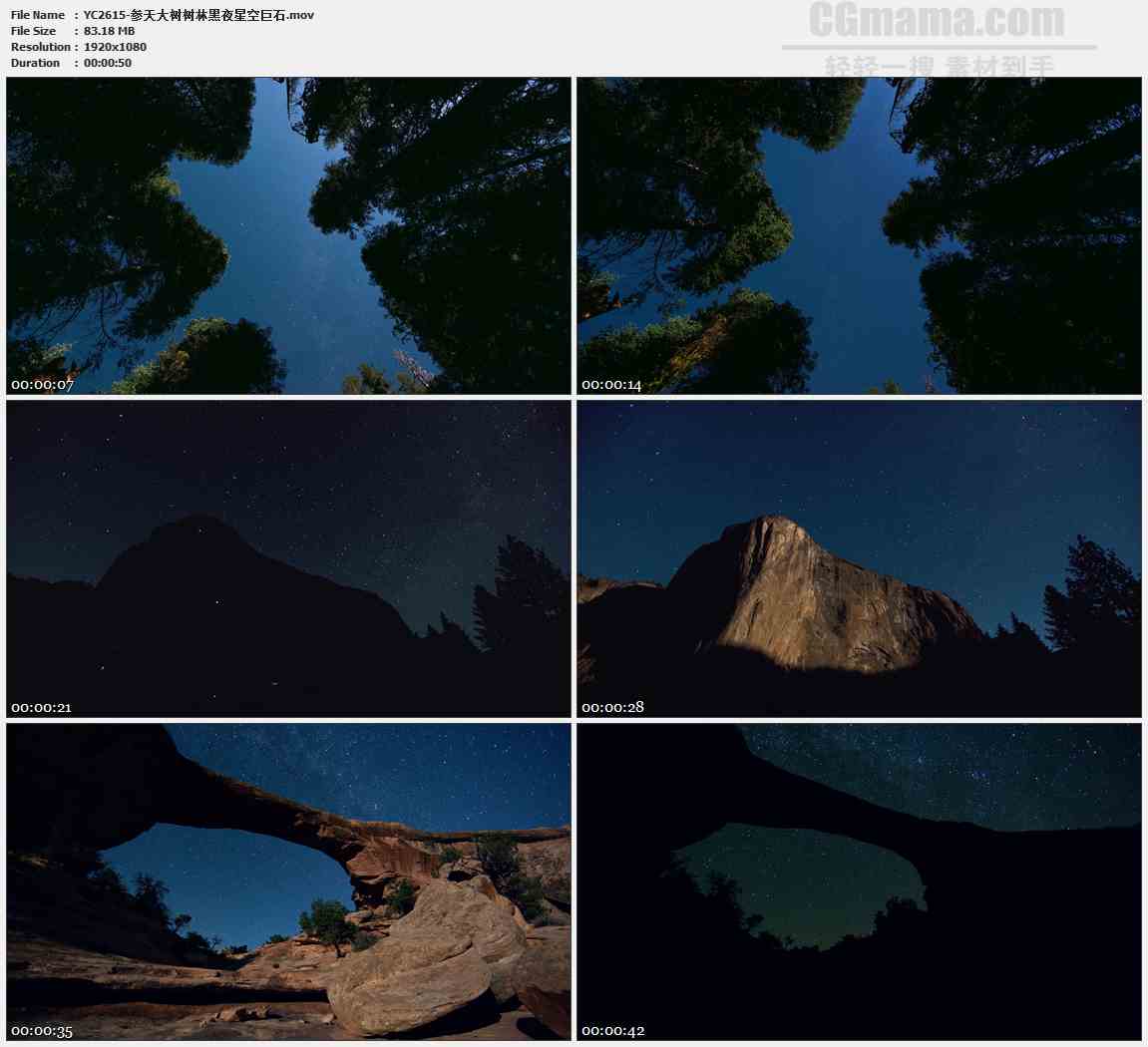 YC2615-参天大树树林黑夜星空巨石高清实拍视频素材
