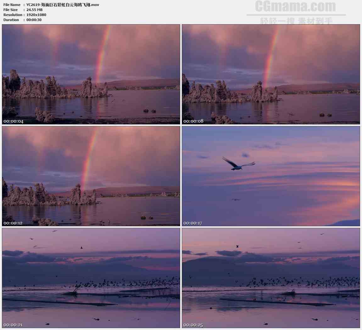 YC2619-海面巨石彩虹白云海鸥飞翔高清实拍视频素材