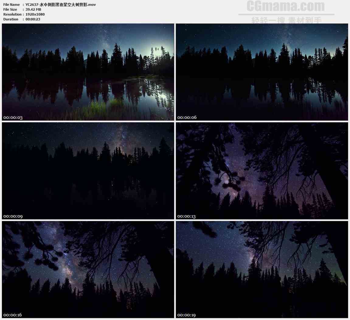 YC2637-水中倒影黑夜星空大树剪影高清实拍视频素材
