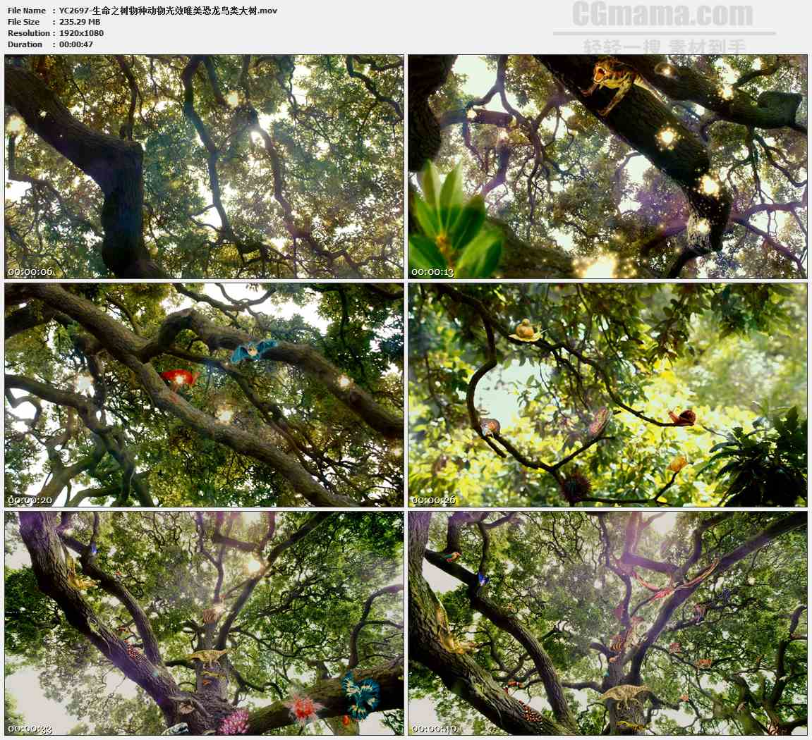 YC2697-生命之树物种动物光效唯美恐龙鸟类大树高清实拍视频素材