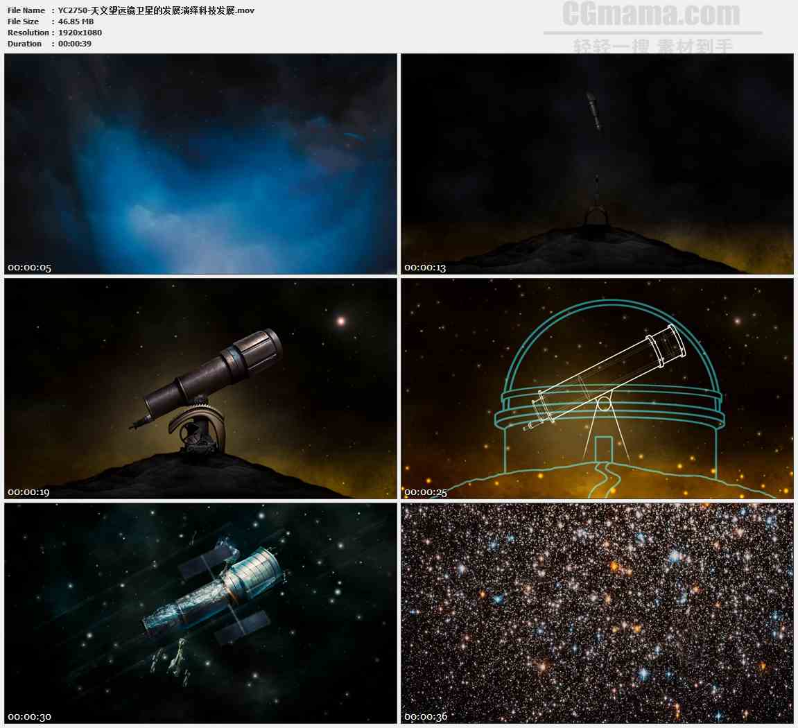 YC2750-天文望远镜卫星的发展演绎科技发展高清实拍视频素材