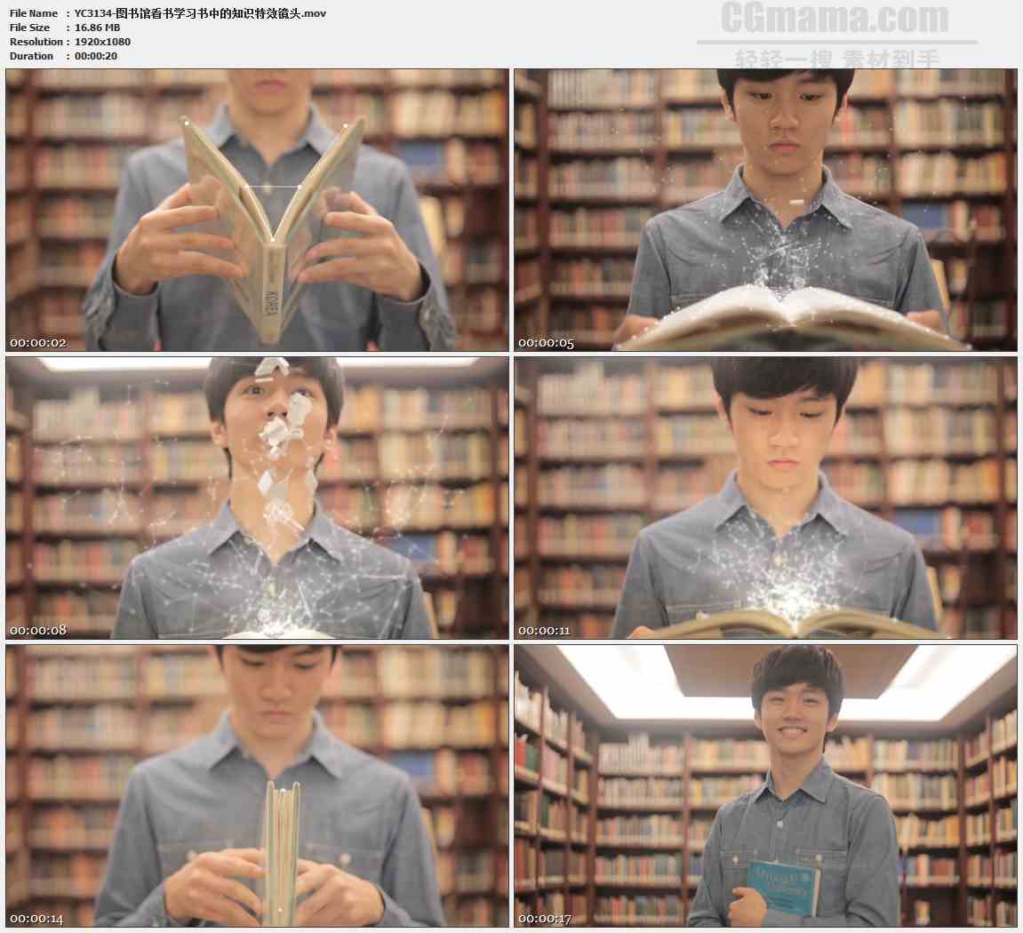 YC3134-图书馆看书学习书中的知识特效镜头高清实拍视频素材