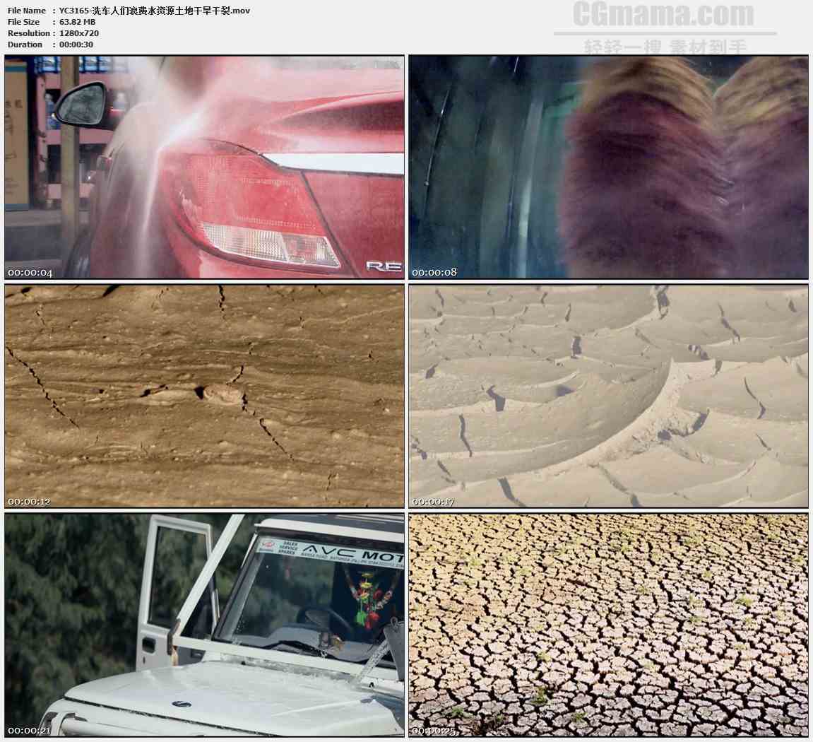 YC3165-洗车人们浪费水资源土地干旱干裂高清实拍视频素材