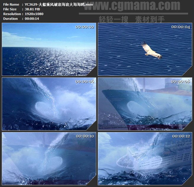 YC3629-大船乘风破浪海浪大海海鸥高清实拍视频素材