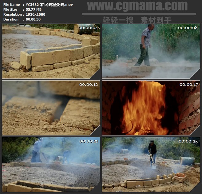 YC3682-农民砖窑烧砖高清实拍视频素材